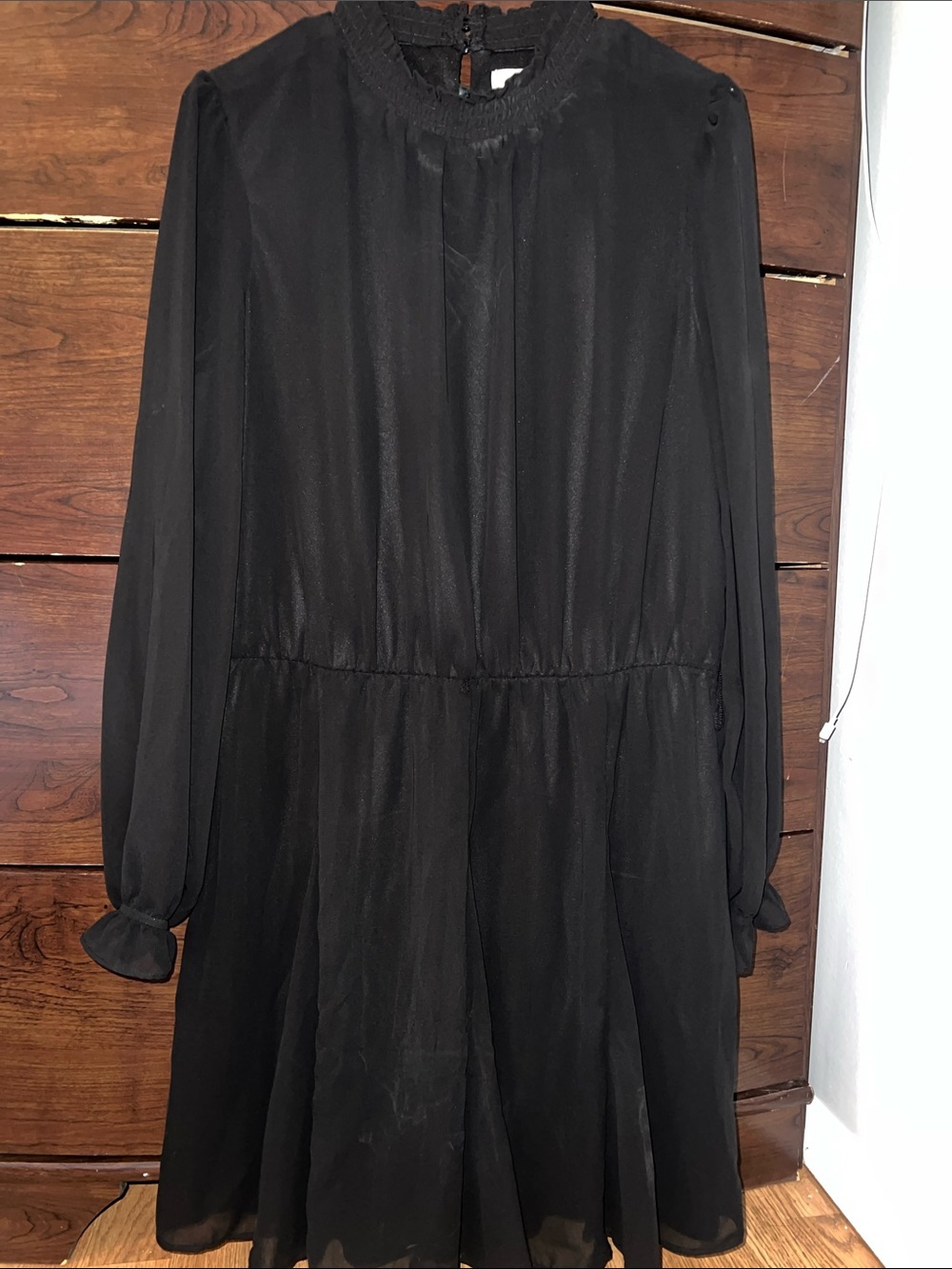 Nine West Black Long-Sleeve Smocked-Neck Dress